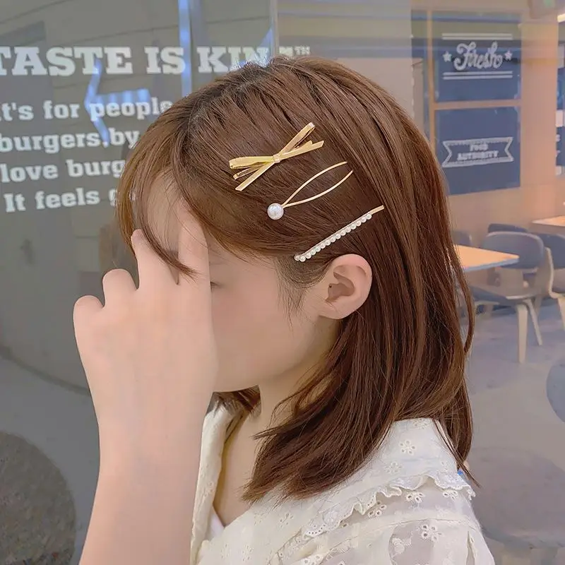 Fashion Korean Alloy Simple Glitter Pearl Bangs Clip Females Tailored Hair Accessories Gold Sets