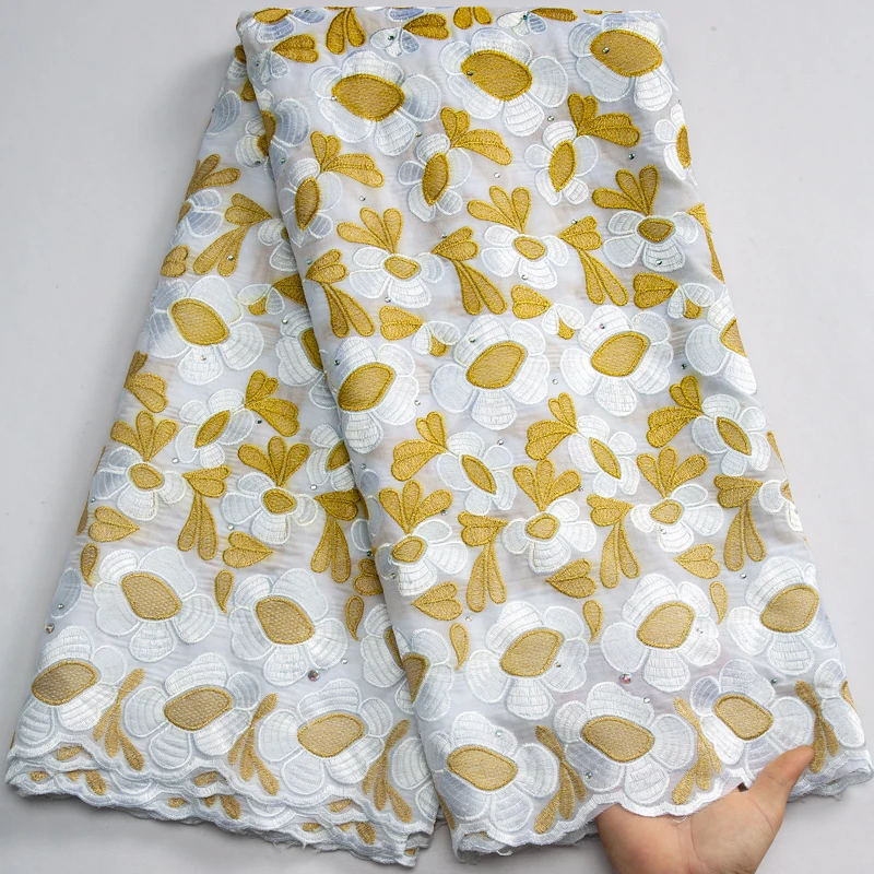 3614 Wholesale Various Designs White and Gold African Cotton Lace with Rhinestones Swiss Voile Lace Fabric For Women Dresses