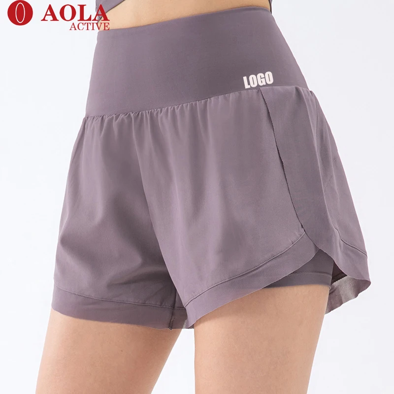 AOLA High Waist Custom Logo Yoga 2 In 1 Shorts For Women High Stretch Sports Quick Dry Running Fitness Loose Shorts