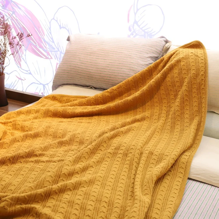 
Custom khaki Pure original cotton cable knit pattern warming double layer blanket for winter autumn 