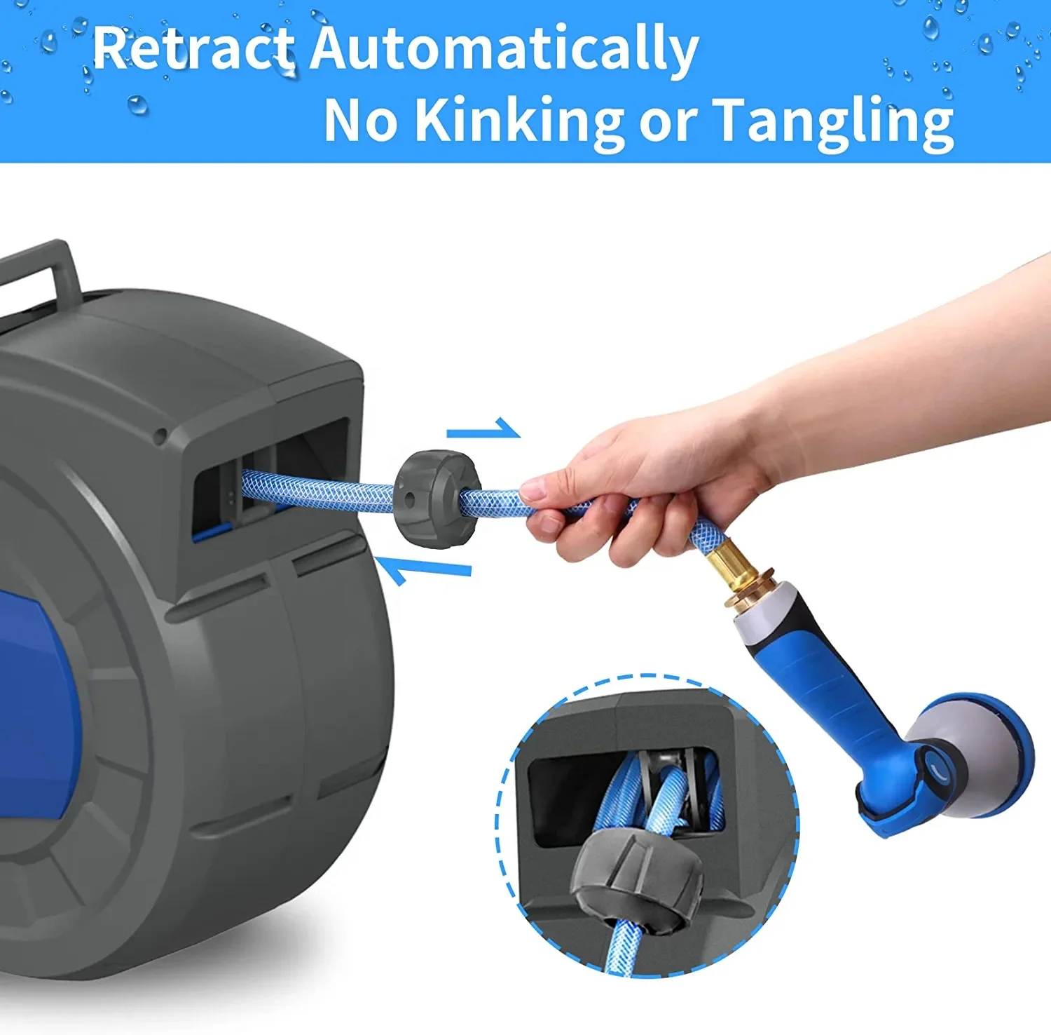 Any Length Lock Roll-up Automatic Slow Return System 180 degree wivel Bracket 3/4 inch Wall Mounted Retractable Garden Hose-Reel