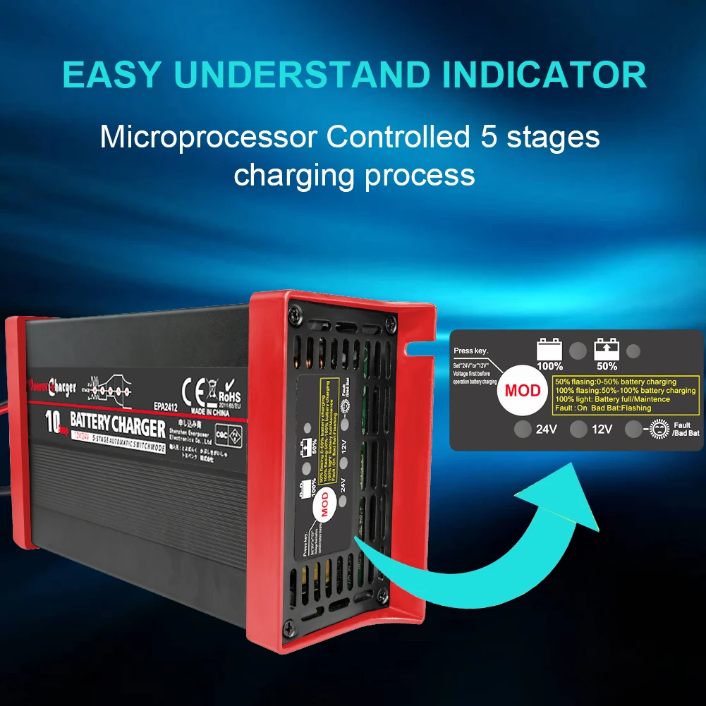 12/24V 10Amp Auto 5 stage  GEL AGM WET battery charger 12v 24v smart car battery charger