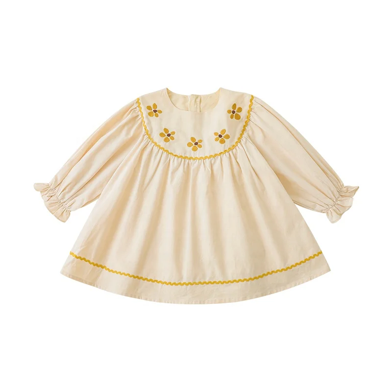 Wholesale Custom 100% Cotton Cheap Baby Girls Dress For Toddler Girls Embroidered Cute Long Sleeve Dress Girls 10 Year