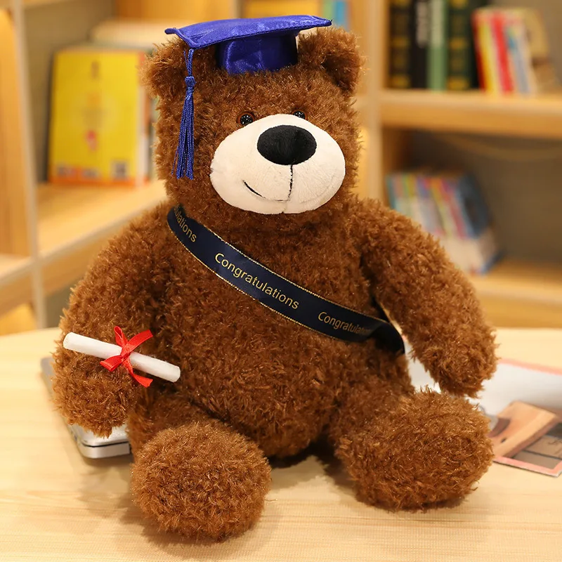 Factory Price 35cm Stuffed Animal Cute Bachelor Dr. Student Graduation Plush Teddy Bear With Red Hat