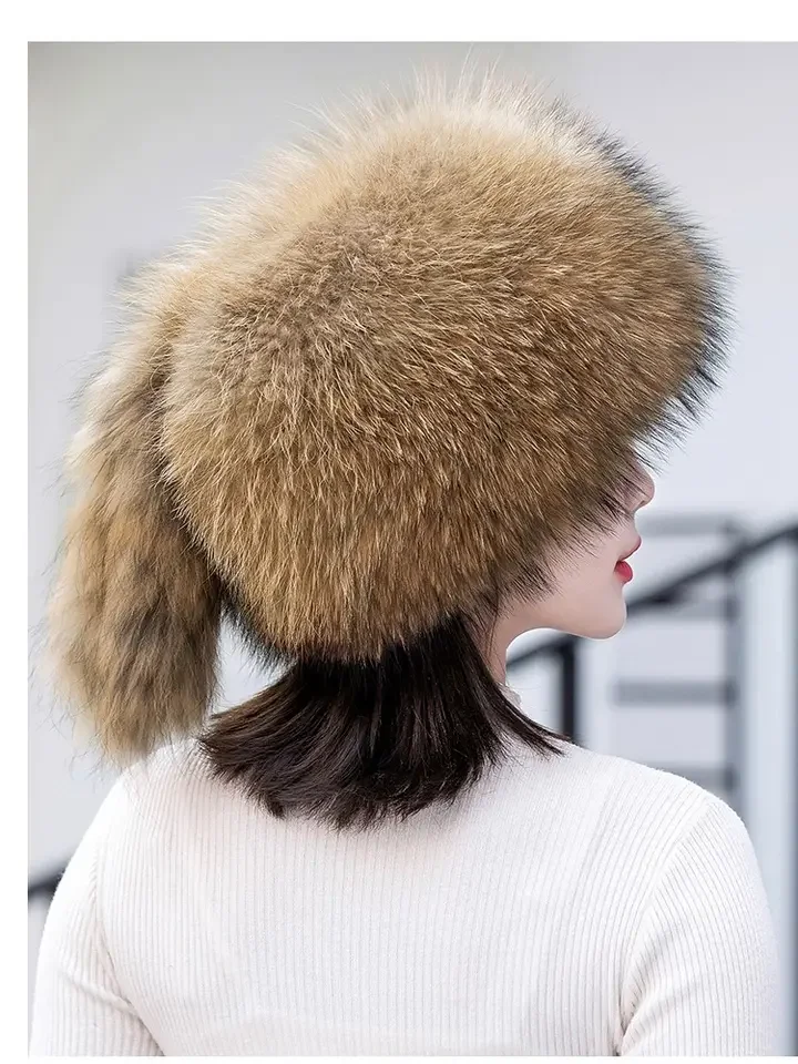 MWfur Fashion Russian Raccoon Fur Silver White Fox Fur Hat For Women Ladies Winter Plush Fox Fur Hat with Tail