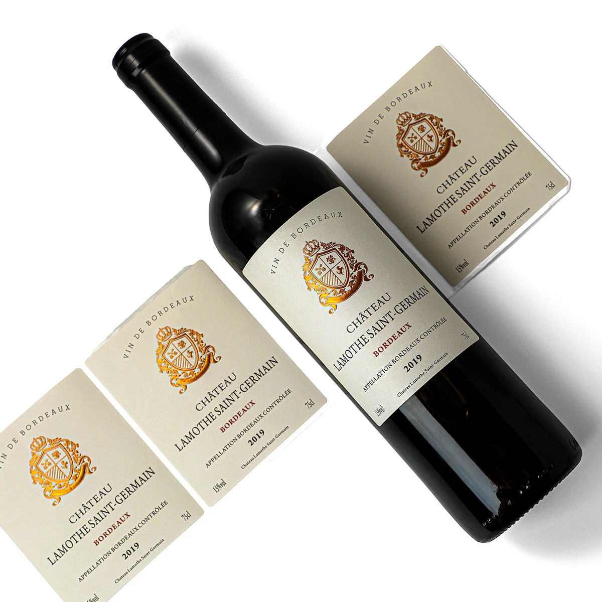Custom Printing White Embossed Gold Foil Spot Uv Wine Label Customised Wine Bottle Labels