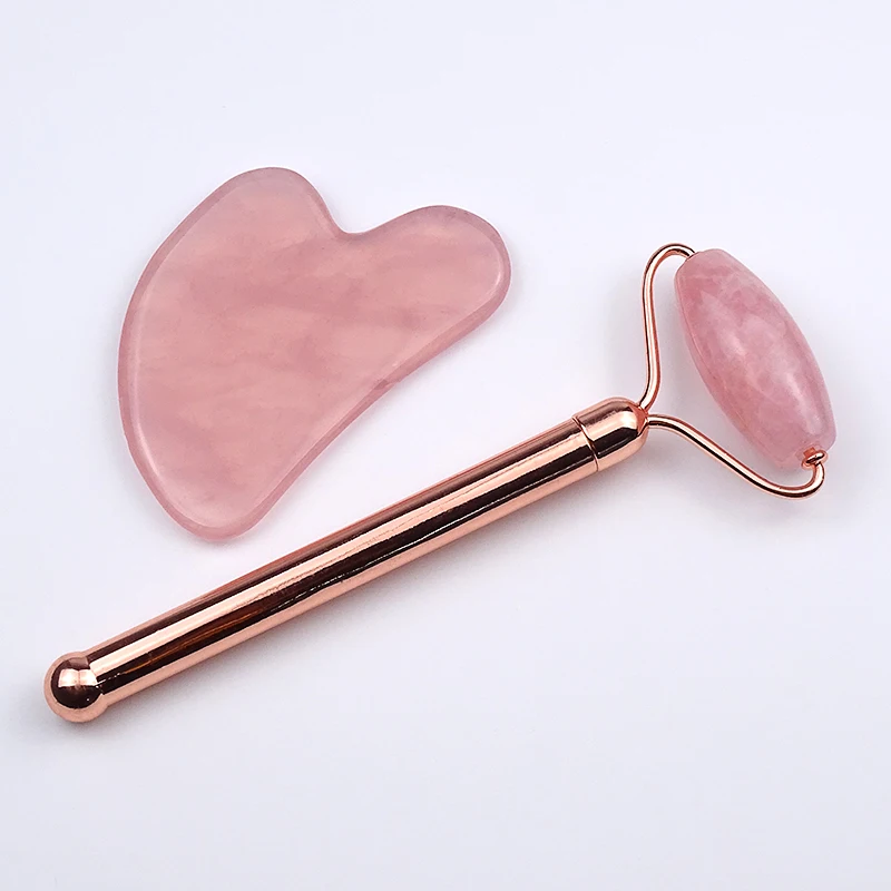 Facial massager roller pink crystal jade roller stone slimming massage tool rose quartz jade roller gua sha set