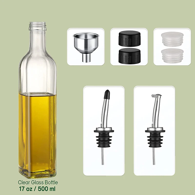 Kitchen Glass Oil and Vinegar Dispenser 17oz / 500ml Olive Oil Bottle Dispenser with Airtight Nozzle Plug