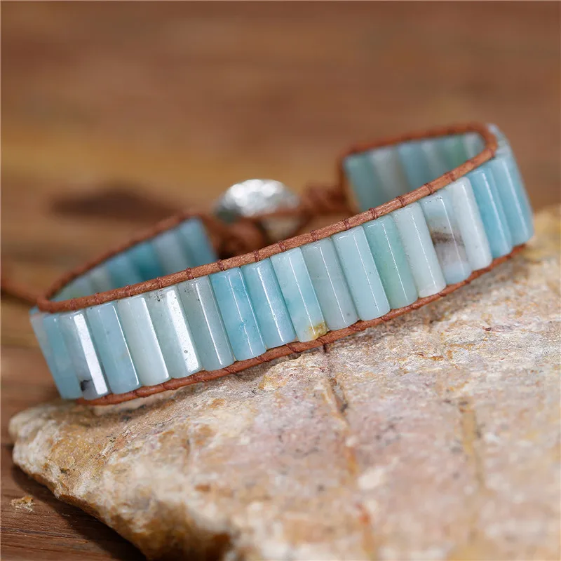 YueTong Unisex Tube Amazoni Beads Leather Wrap Bracelet Bohemian Natural Stone Cuff Bracelet Jewelry Wholesale Dropshipping