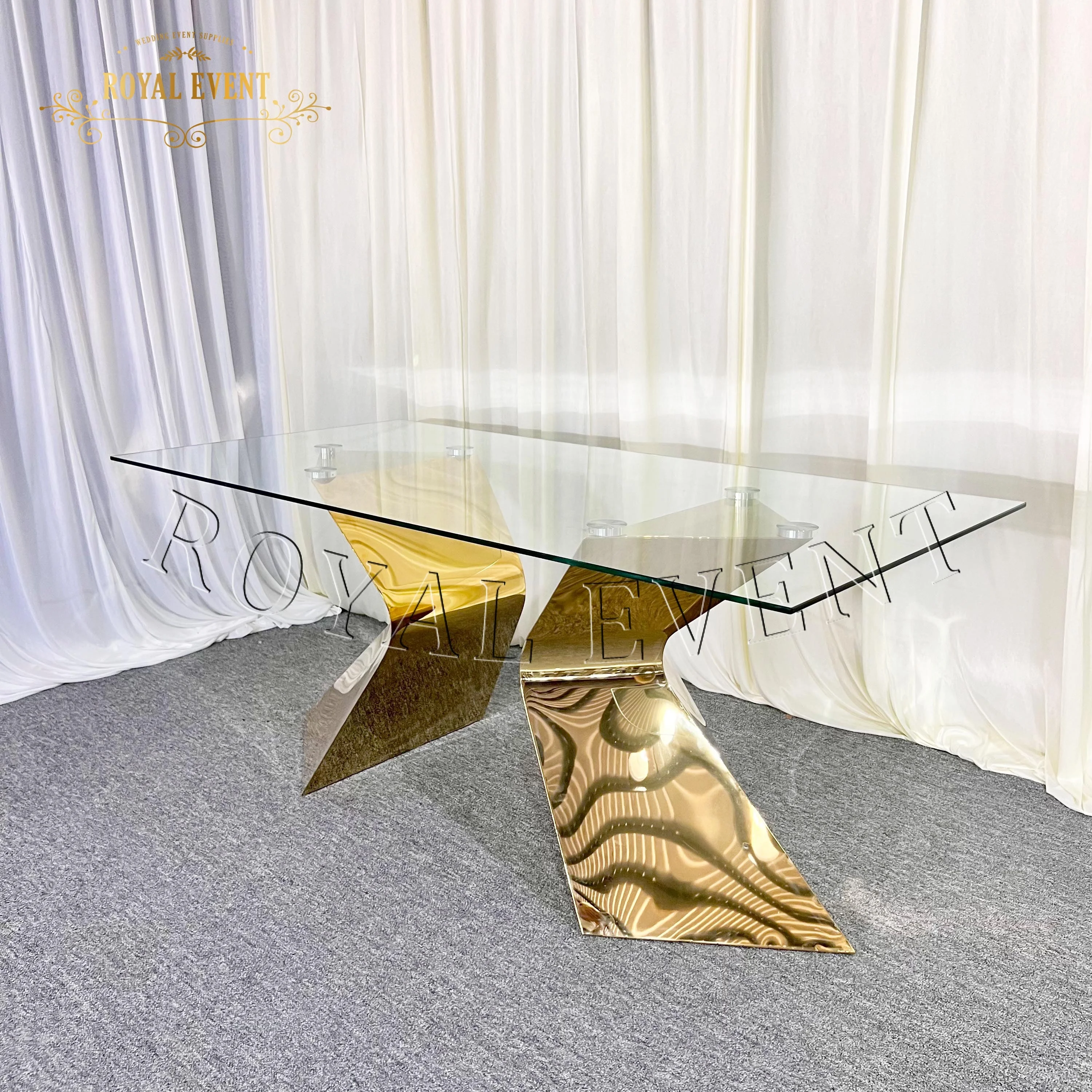 Luxury Design Gold Stainless Steel Wedding Table Elegant Bridal dining Table glass top hotel furniture dining table For Wedding