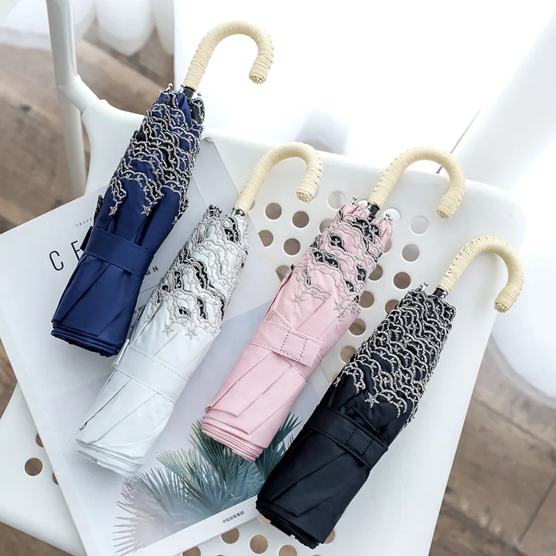 Super Lightweight Vintage Lace Flower Embroidery Folding UV Coated Umbrella with Custom Logo Curved Handle Three Foldable Colors