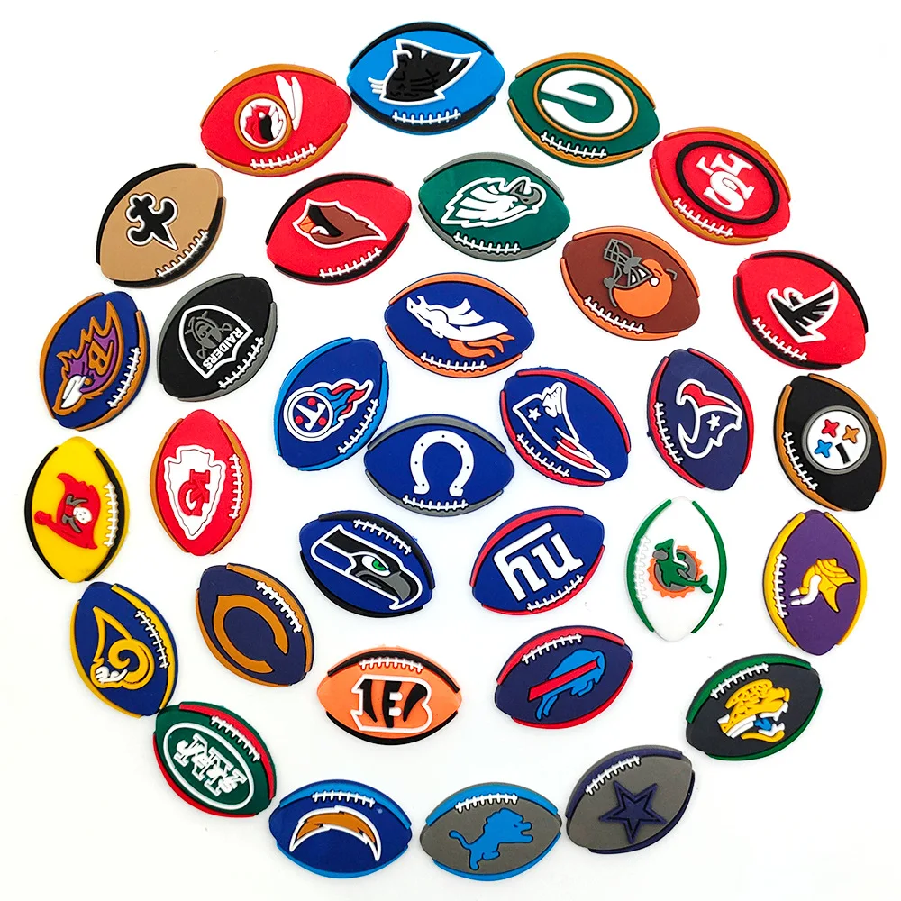 Оптовая продажа 32 NFL американские футбольные команды Цветочная Пряжка для обуви мягкий клей ПВХ аксессуары декоративная пряжка Nfl подвески