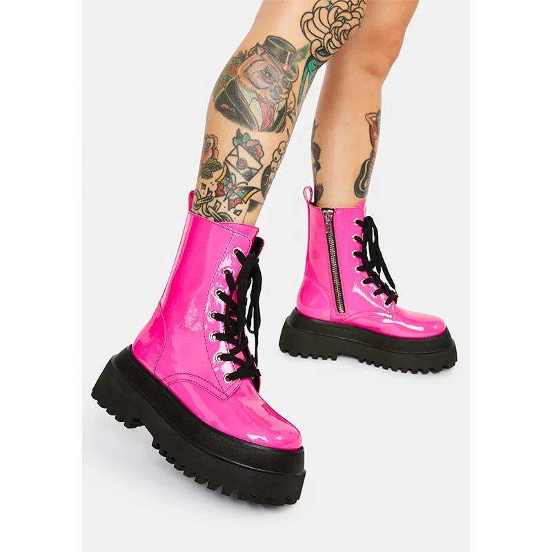 High Quality New Latest Round Toe Rose Red Green Platform Shoes Winter 2022 Big Size Lace Up Glossy Zipper Ankle Women Boots