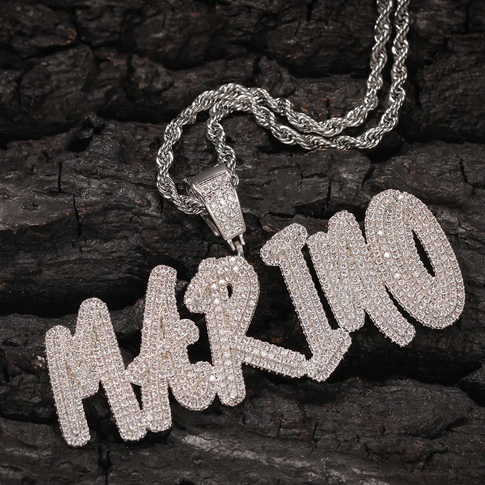 Custom Name Cursive Letter pendant Necklace Iced Out Gold Silver Color Men Women Hip Hop Miami Baguette Initials Letter Necklace