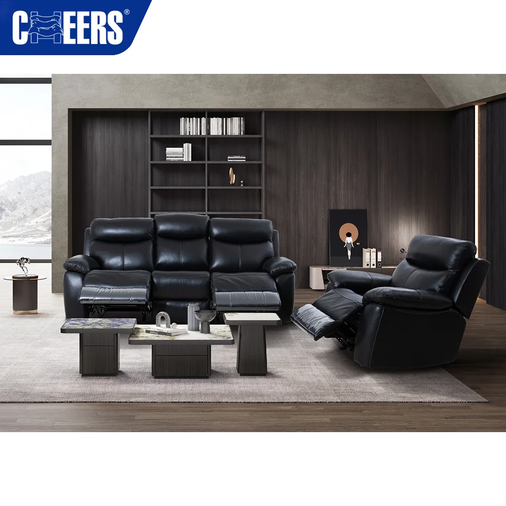 MANWAH CHEERS New Design Manual Black 3+1 Leather Recliner Sofa Set Furniture for Living Room Home Furniture Sofas