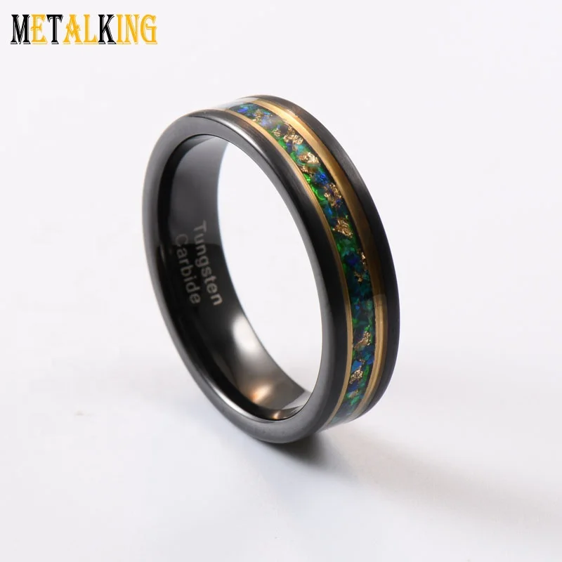 Black Gold Plated 6mm Tungsten Ring Blue Opal And Gold Foil Inlay Flat Edge Wedding Band