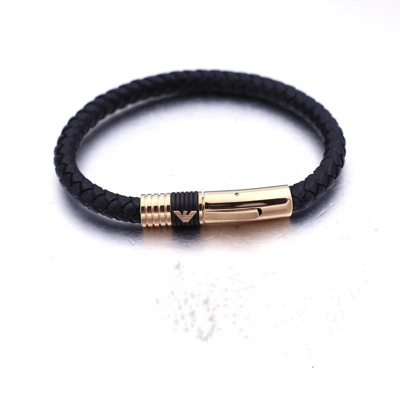 Fashion Jewelry Charm Stainless Steel Rose Gold Classical Magnetic Clasp Braided Black Genuine Leather Bracelet