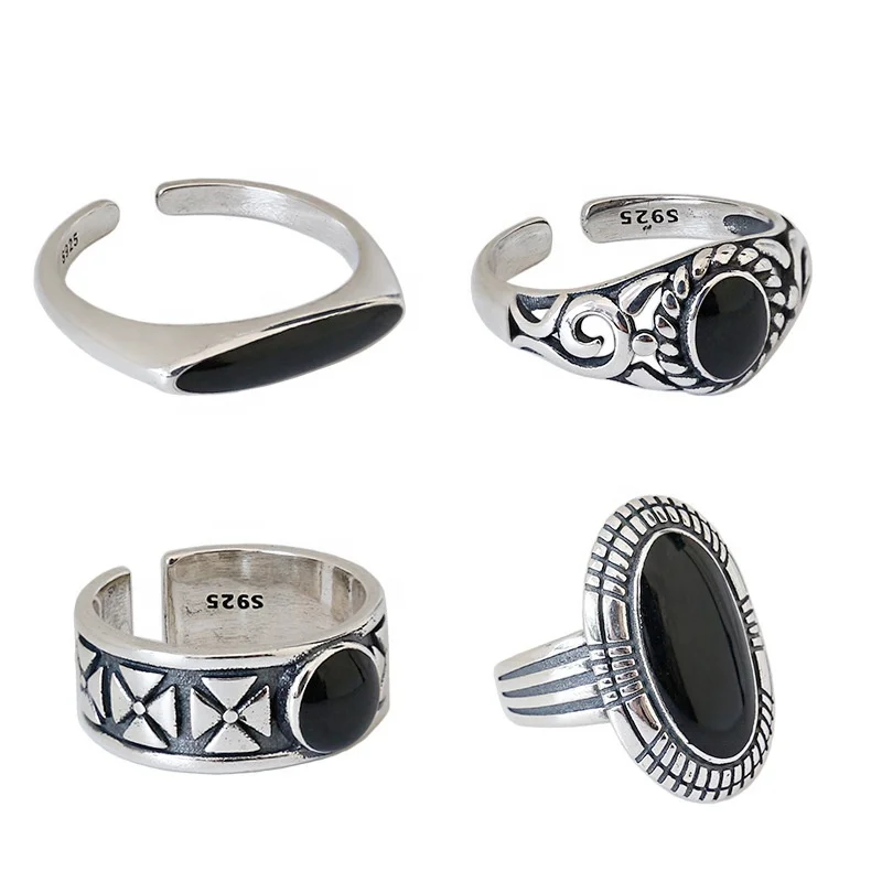 Custom Retro Finger Black Big Stone 925 Sterling Silver Adjustable Open Vintage Ring Sets 10k ring settings