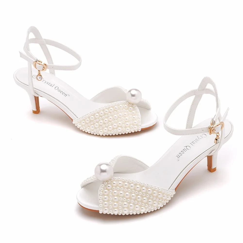 women 6cm high heel  white  pearl  party bridal shoes  woman white  wedding daily princess sandals