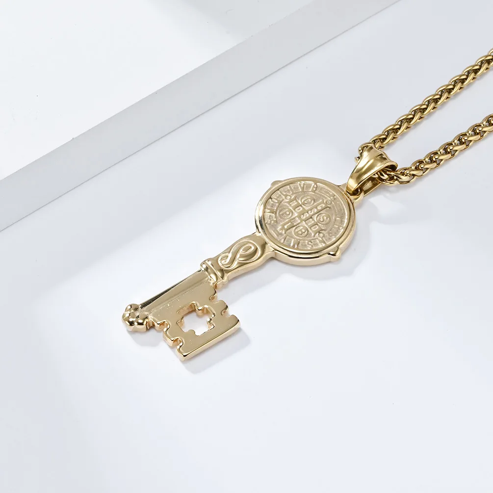 Christian Saint Benedict Key Design Pendants Necklace Stainless Steel Chain Fashion Jewelry Religious Necklace For Men Women