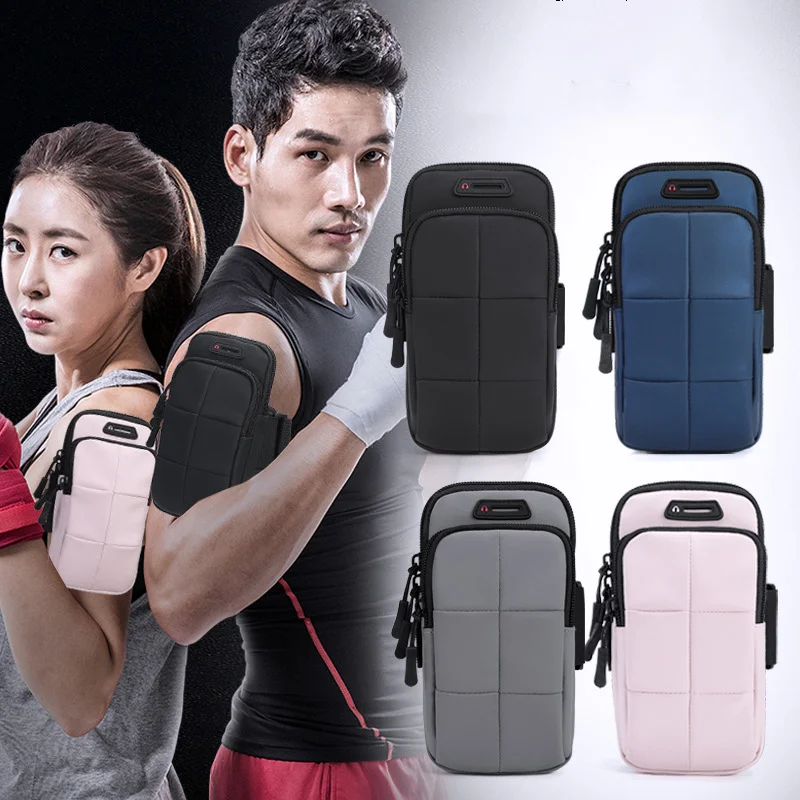 Running Armband Phone Holder MP3 Player Armbands with Earbuds 3 Zipper Pocket Sweatproof Men Women Adjustable Strap Arm Bag
