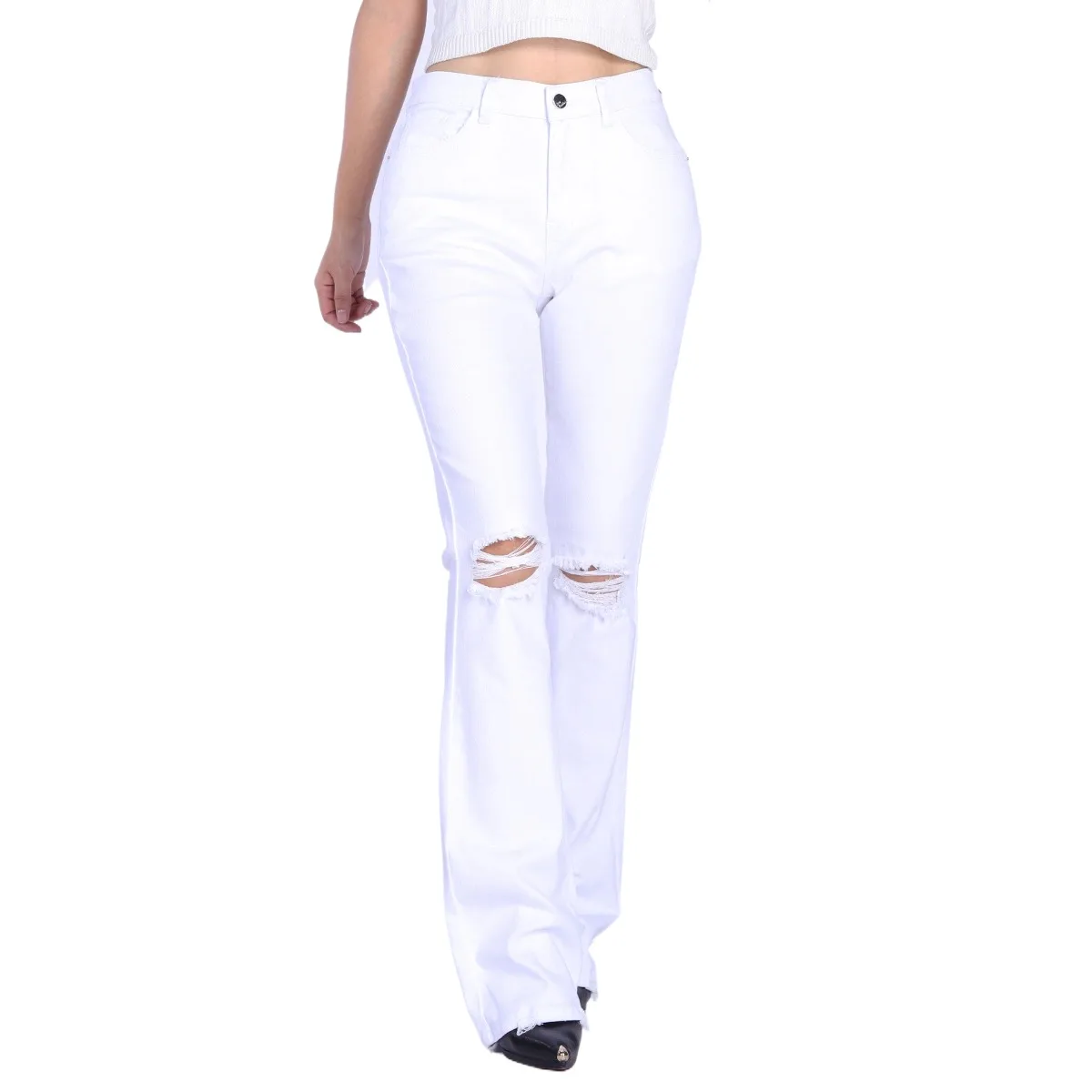 Custom White Colored Stretchy Ripped Design High Waist Women Flare Jeans