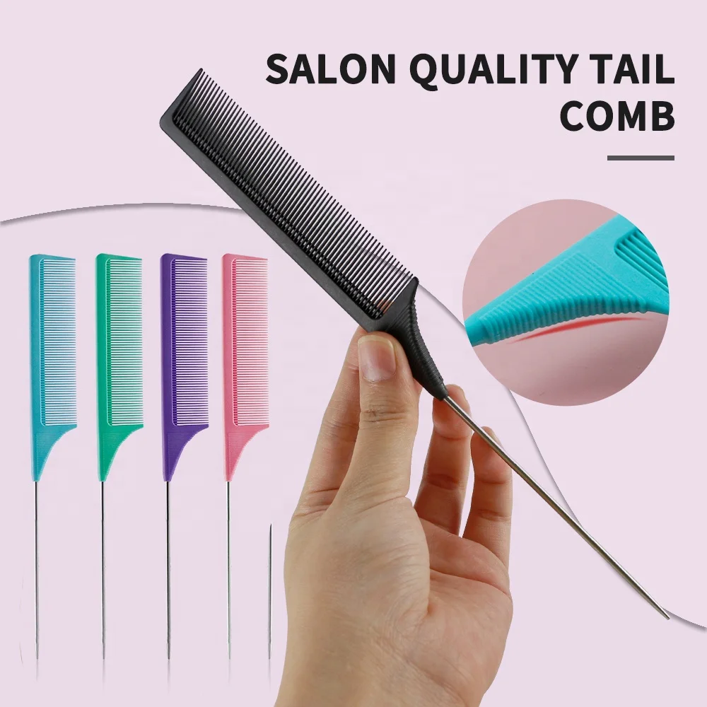 5 Colors Rat Tail Comb Steel Pin Rat Tail Carbon Fiber Heat Resistant Teasing Combs