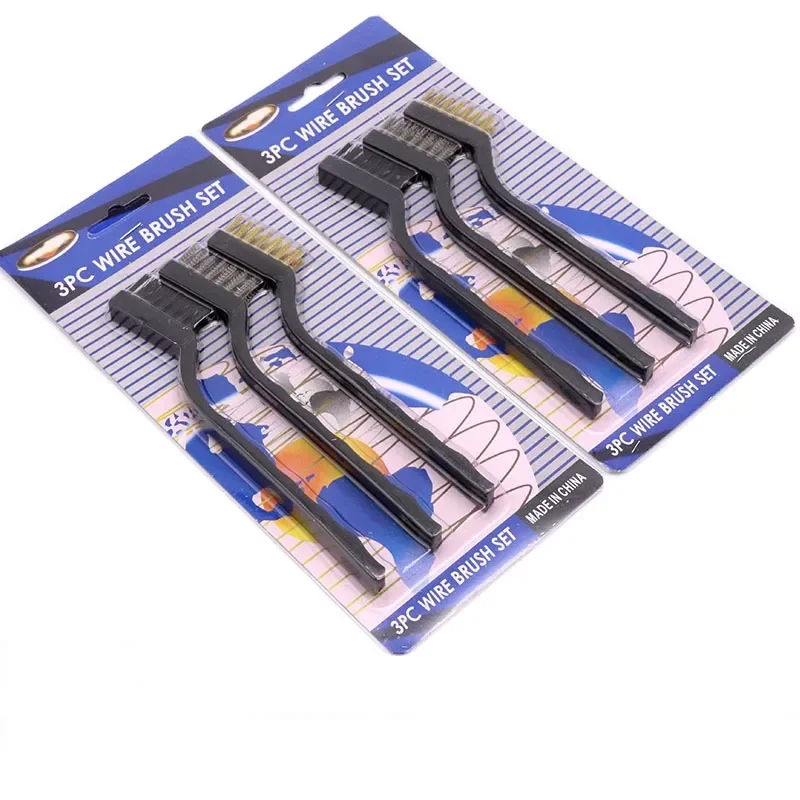 three-piece plastic handle mini wire brush set Polishing Detail Metal wire brush