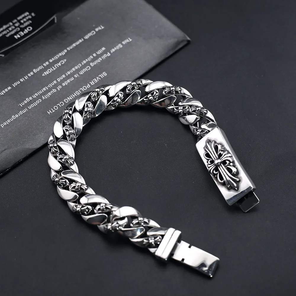 chrome Cross heart jewelry Thai Silver Dressed Wide Version Domineering Trend Hip Hop Punk Cross Flower Couple Bracelet for man