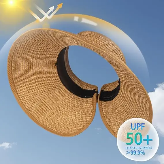 Wide Brim Roll-up Portable Straw Sun Hat Foldable Empty Top Sun Beach Straw Visor Hats for Women