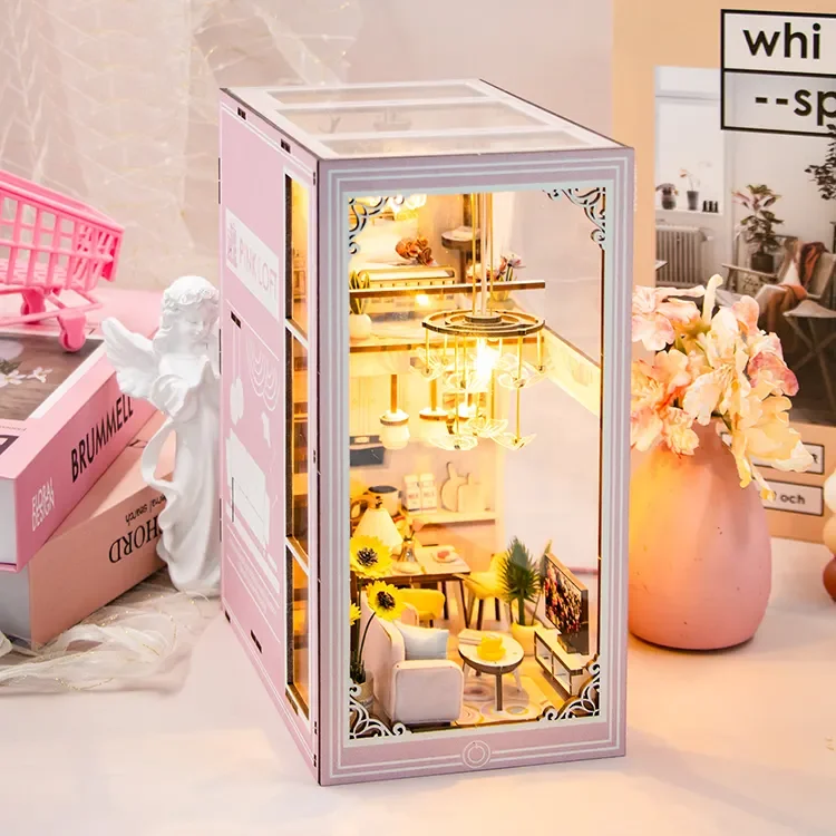 Pink Loft 3D Wooden Miniature Book Nook Kit Bookshelf Educational Toy Diy Miniature Book Nook Doll House Sunshine Town M2413