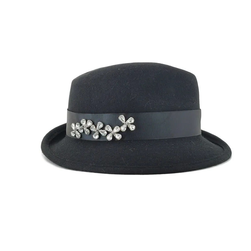 Классический Узор, заказ на заказ, женские фетровые шляпы федоры из 100% шерсти с рельефной лентой с драгоценностями