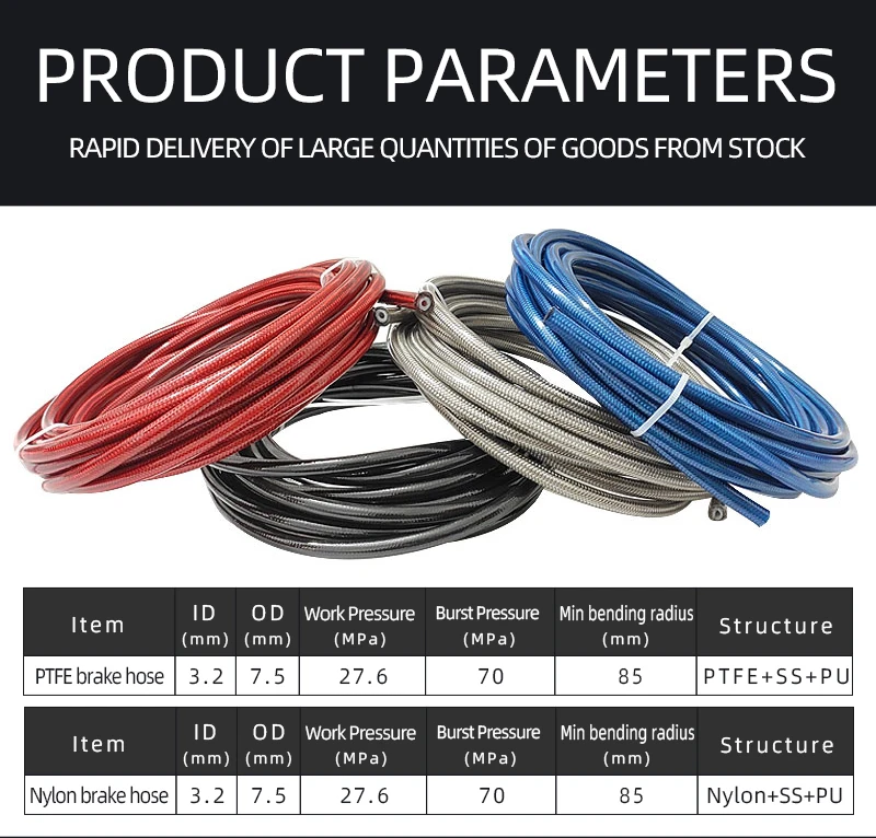 AN3 PTFE brake line hose assemblies with banjo fittings for motorcycle racing modified cars