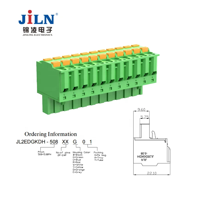 JiLN wholesale 5.08 mm pitch 22.1mm width female type straight angle customised pluggable terminal blocks on PCB