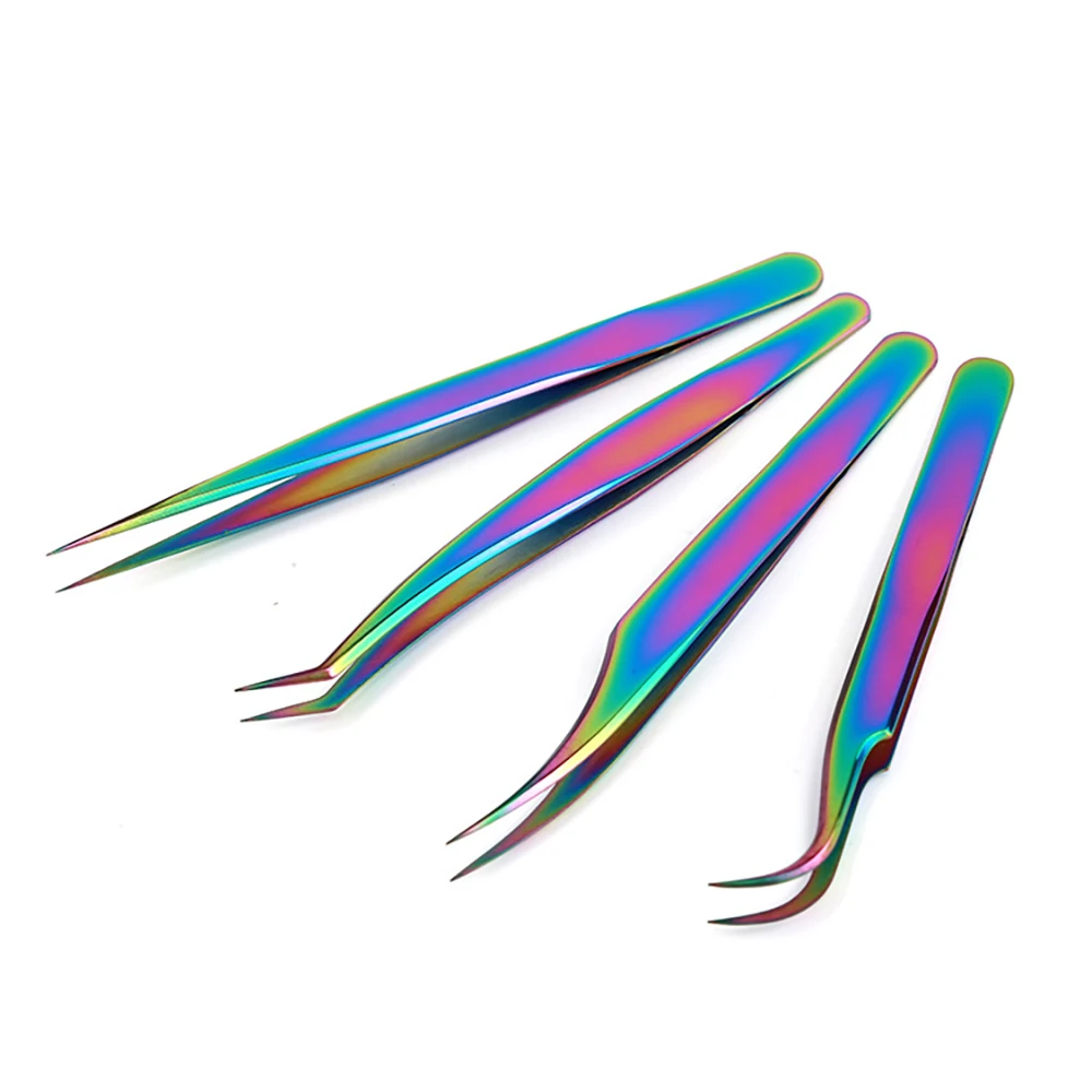 Custom Logo Rainbow Gradient Color Eyelash Extensions Tweezers Kit Stainless Steel Eyelash Tweezers