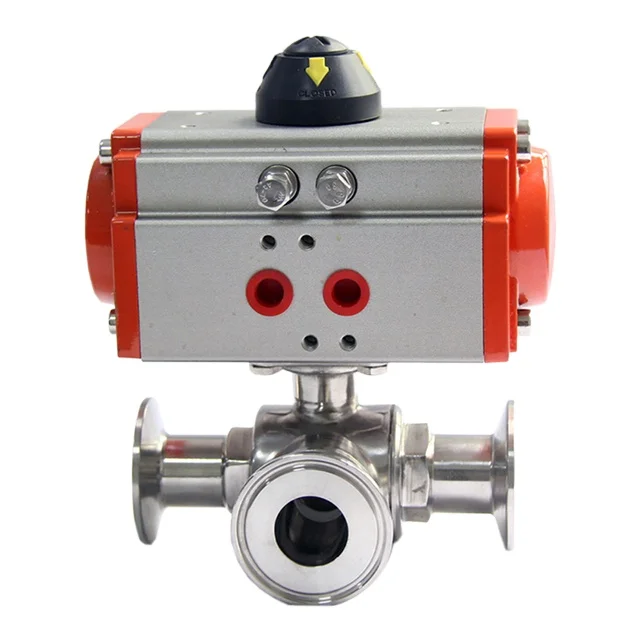 KQ Sanitary Food Grade L T Type Stainless Steel 304 316 Three Position Tri Clamp 3 Way Pneumatic Control Actuator Ball Valve