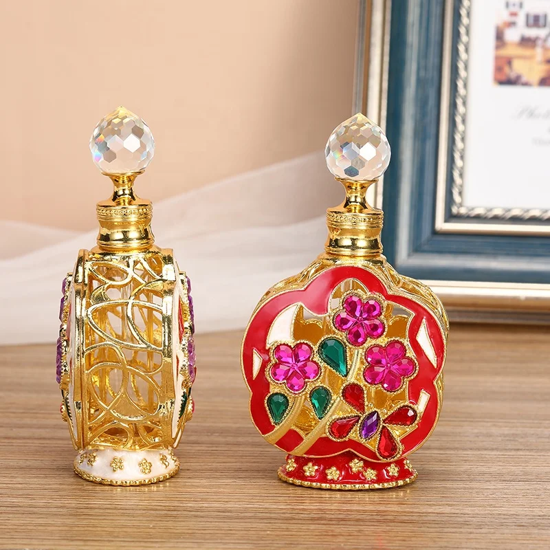 12ml Patented Plum Blossom Flower Jewelry Stones Metal Perfume Bottle Glass Essential 0il Bottle Refillable Attar Bottles#12101