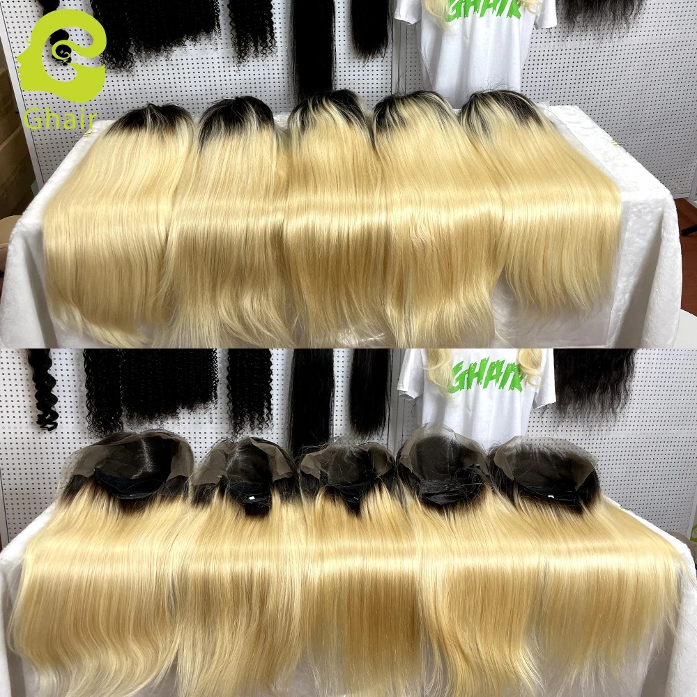 brazilian huhman Hair 2 Tone Dark Roots  Blonde Hair 3 Bundles With Lace Closure 1B/613 Color Hair Weft