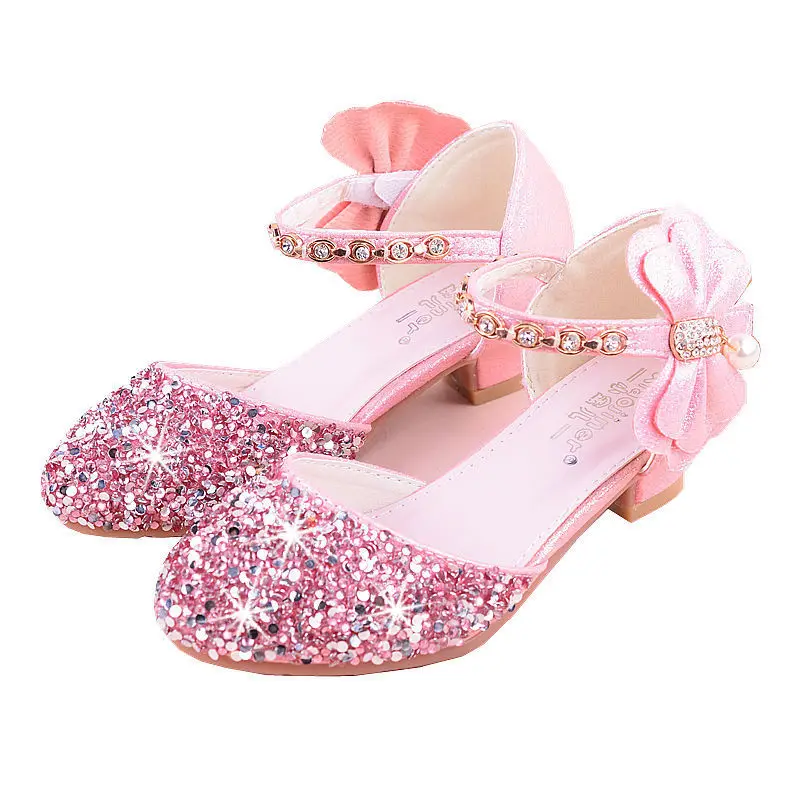 2025 Fashion Princess Girls Shoes Glitter Shiny Sandals Girls High Heel beautiful Shoes With Bow Party Model Show Shoe