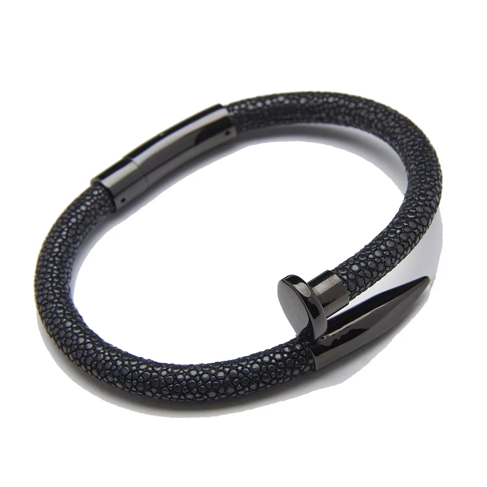 Colorful Python Bangle Stainless Steel Real Gold Stingray Leather Nail Bracelet