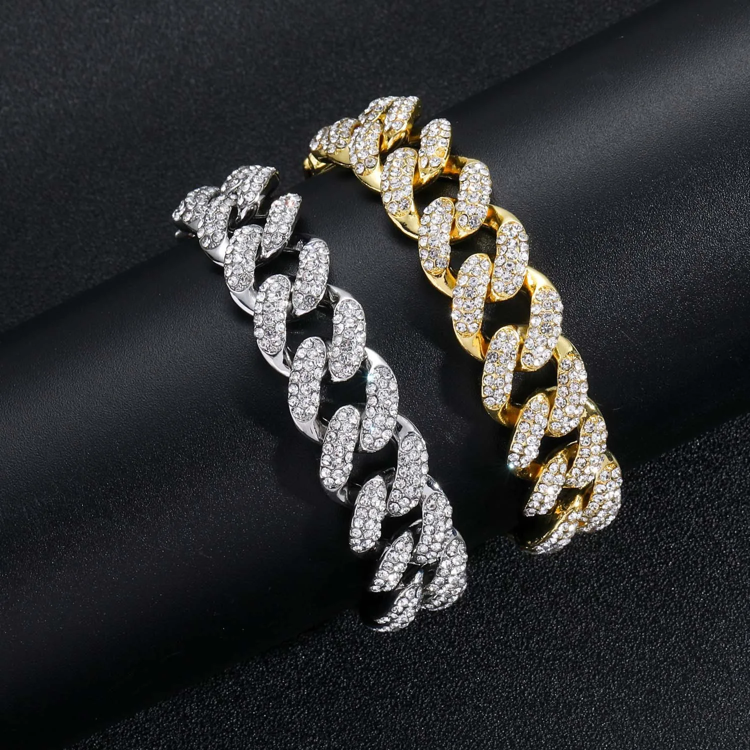 European Fashion Street Rap Jewelry Hip Hop 15mm Real Gold Plated Bling Rhinestone Iced Out Miami Cuban Link Chain Bracelet Men