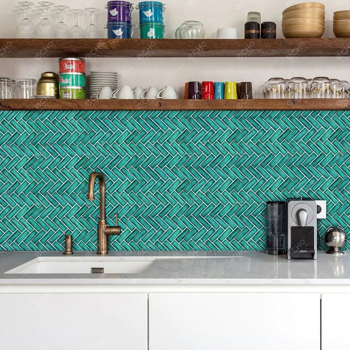 Thicker Design Teal Blue Herringbone Kitchen Backsplash Tiles PU Glue 3D Wall Sticker Mosaic