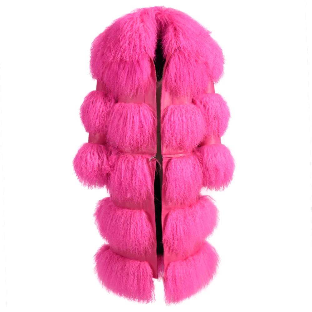 Wholesale Detachable Real Mongolian Fur Splicing with Lambskin Leather Thick Warm Long Women Fur Fluffy Coats 2024