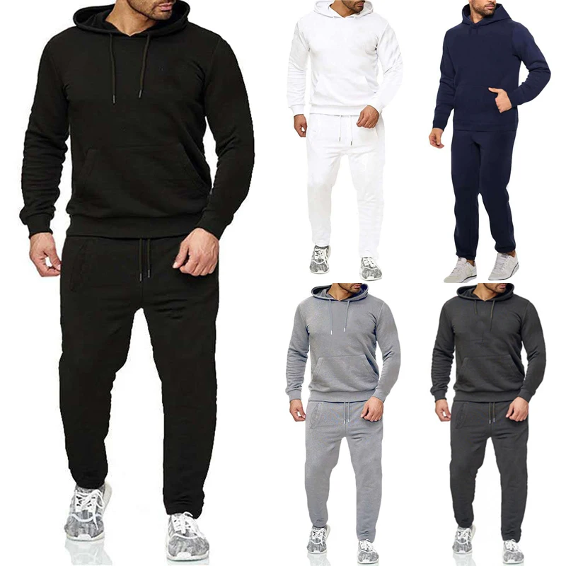 Wholesale pullover hoodies and sweat pants set men custom winter fleece two piece sweatsuit set men