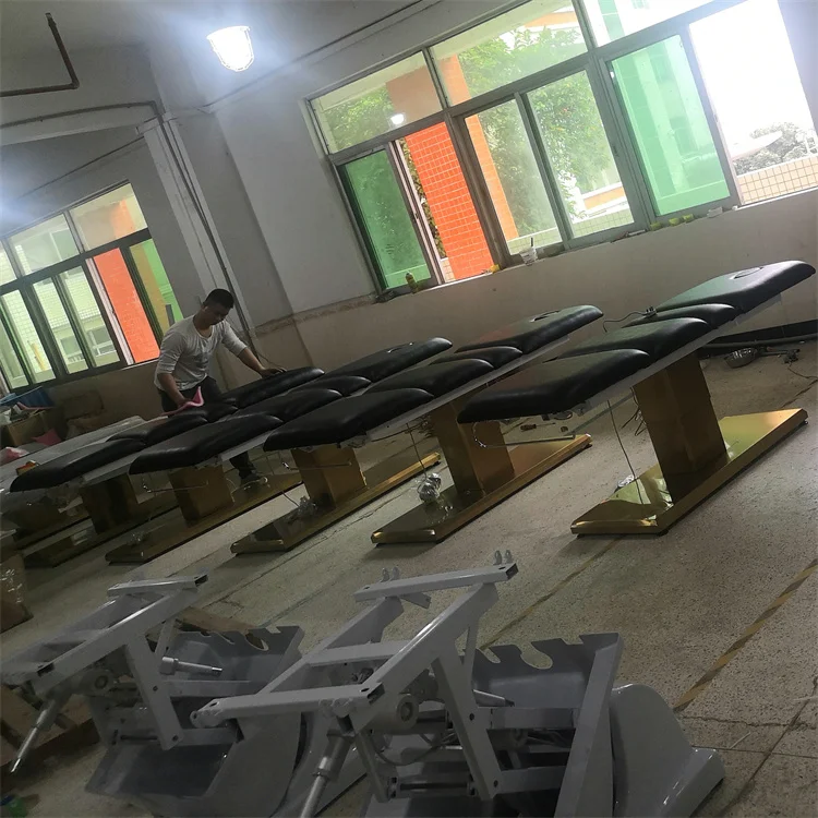 Kisen saloon equipments beauty salon furniture 3 motors massage spa tables hydraulic black electric facial bed with golden base