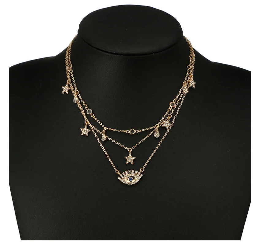 Newest Accessories Blue Glass Evil Eyes Charms Necklace Diamond Stars charms Necklace For Women