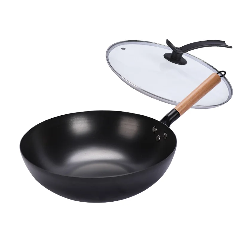Light Weight Die-casting Non Stick Kitchen Cooking Wok Cast Iron Wok With Glass Lid and Wooden Handle