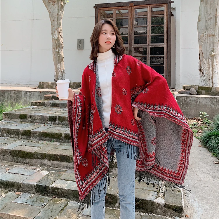 Factory wholesale knit hooded shawls for women custom design hooded shawl