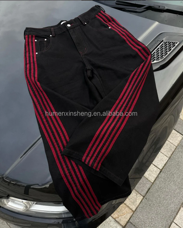OEM custom high quality custom wide leg vintage wash black denim pants loose baggy side stripe jeans men