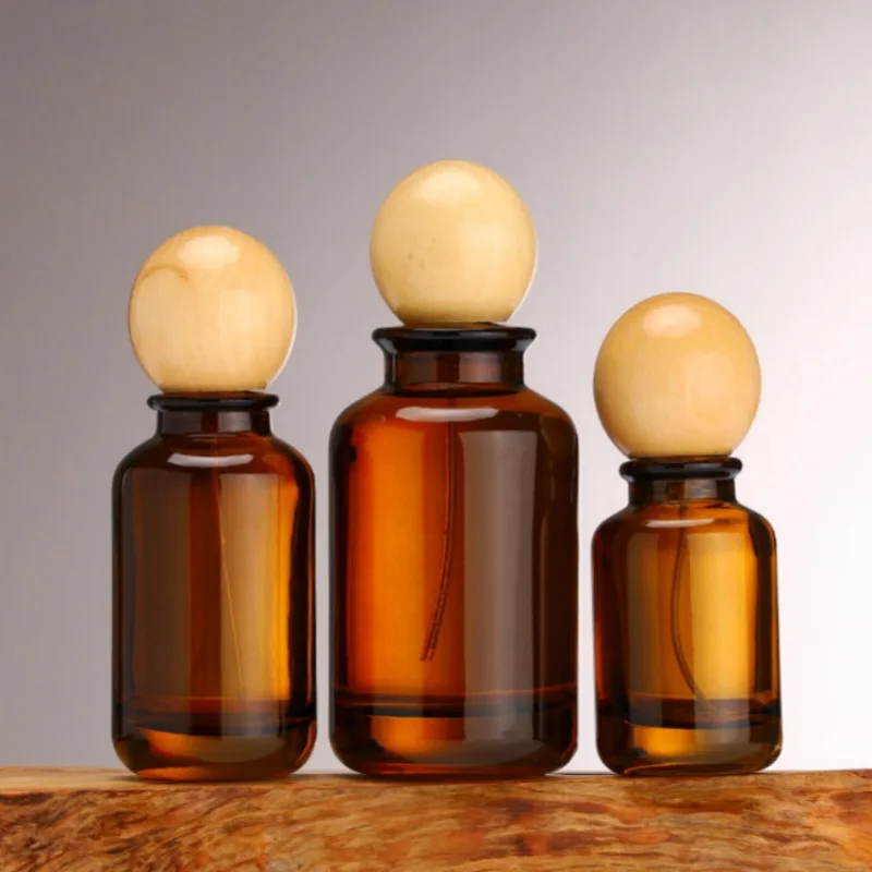 Wholesale Perfume Packaging Bottle 30ml 50ml 100ml Brown Crimp Glass Bottle With Marble Stone Ball Lid For Woman